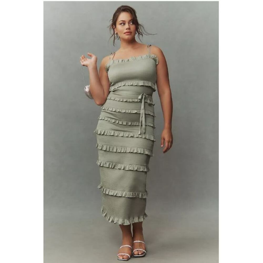 Anthropologie V Chapman Lily Ruched & Ruffled Stretch Satin Midi Dress - Size 12